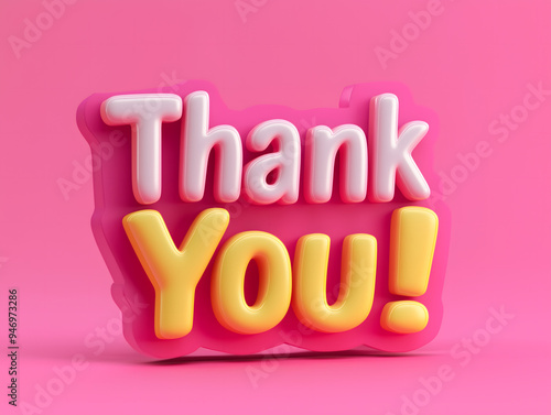 Colorful 3D thank you sign on a bright pink background conveying gratitude in a cheerful and playful manner. Text message.