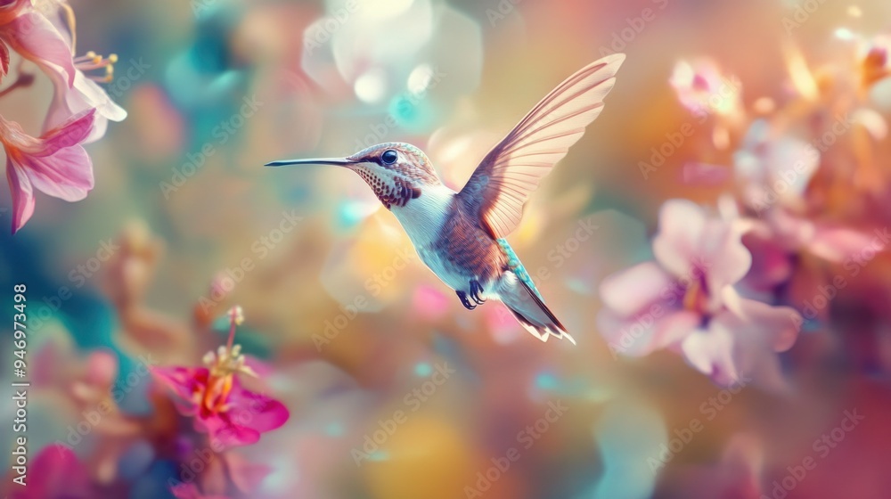 Hummingbird in Flight Against a Background of Soft Pink Flowers Hummingbird in Flight Against a Background of Soft Pink Flowers