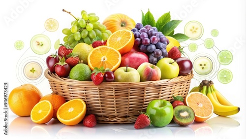 Vibrant illustration of a colorful fruit basket overflowing with juicy apples, bananas, grapes, and oranges, set against a clean white background with stylized icons.