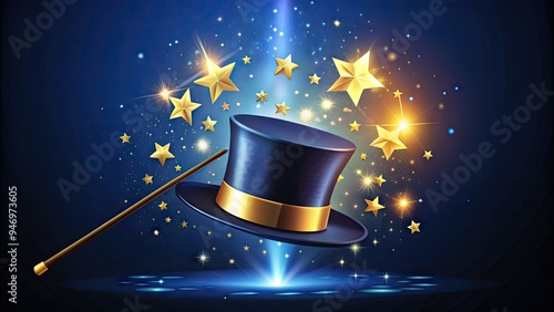 Vibrant illustration of a top hat, wand, and stars on a dark blue background with gold font, evoking mystique and wonder for a magical performance. photo