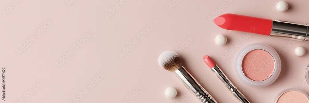 A stylish layout features various cosmetic products like lipstick and brushes on a soft light background, perfect for beauty enthusiasts. Generative AI A stylish layout features various cosmetic products like lipstick and brushes on a soft light background, perfect for beauty enthusiasts. Generative AI