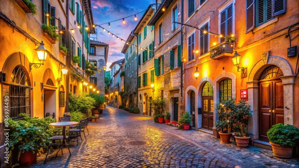 Fototapeta premium Vibrant Italian street scene at dusk, colorful buildings and twinkling string lights adorn the charming cobblestone streets of Rome's historic Trastevere neighborhood.