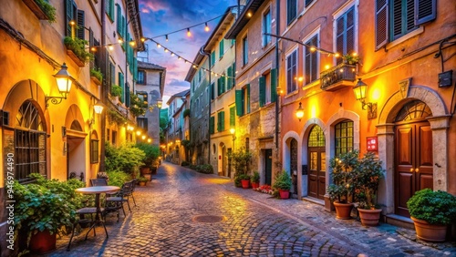 Vibrant Italian street scene at dusk, colorful buildings and twinkling string lights adorn the charming cobblestone streets of Rome's historic Trastevere neighborhood.