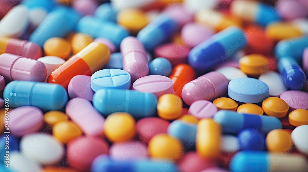 A close-up shot of a pile of colorful pills and tablets, emphasizing the importance of medication in treating illness and maintaining health. A close-up shot of a pile of colorful pills and tablets, emphasizing the importance of medication in treating illness and maintaining health.