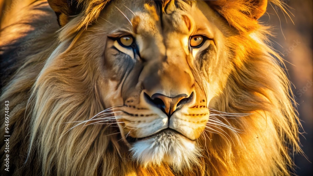 Vibrant macro shot of a lion's fur, showcasing intricate whiskers, coarse guard hairs, and soft undercoat, with subtle shadows and warm, golden tones. Vibrant macro shot of a lion's fur, showcasing intricate whiskers, coarse guard hairs, and soft undercoat, with subtle shadows and warm, golden tones.