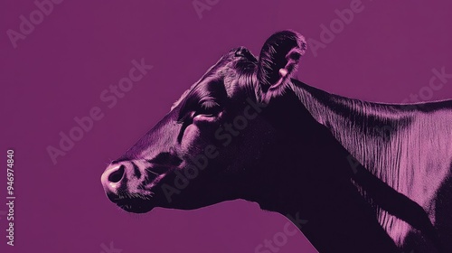 A cow with a sleek silhouette, positioned against a purple background, creating a strong visual contrast and a modern aesthetic.