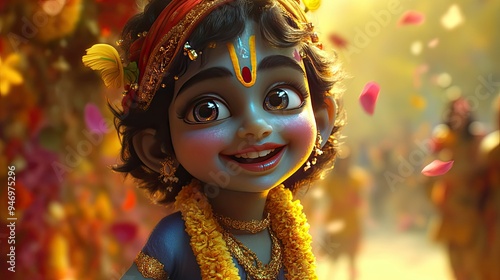 A heartwarming image of Bal Krishna, the Makhan Chor, with a mischievous smile, celebrating the spirit of Janmashtami. photo