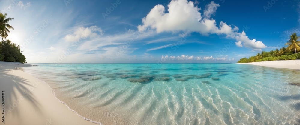 Obraz premium Pristine Beach with Crystal Clear Water and Palm Trees