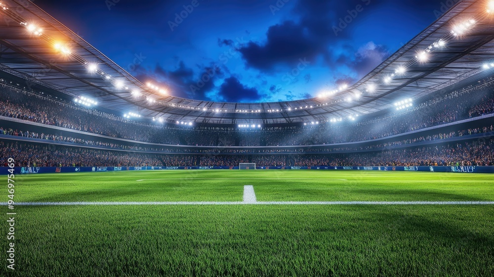A large stadium under the night sky, illuminated by bright lights. Green grass and a crowd of cheering fans create an electrifying atmosphere. A large stadium under the night sky, illuminated by bright lights. Green grass and a crowd of cheering fans create an electrifying atmosphere.