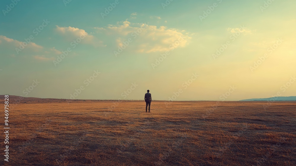 A lonely Indian man standing by himself in a vast, empty landscape, with a contemplative expression, symbolizing solitude and introspection. A lonely Indian man standing by himself in a vast, empty landscape, with a contemplative expression, symbolizing solitude and introspection.
