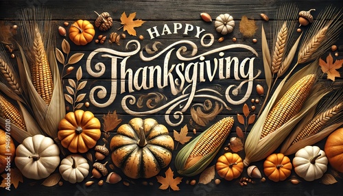 A stylish Thanksgiving card with 'Happy Thanksgiving' written in a flowing cursive font on a dark, textured wood background. photo