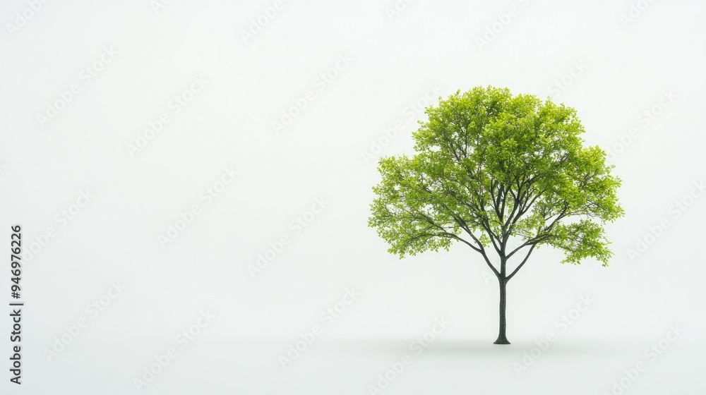 A single tree with vibrant green leaves standing tall against a pure white background, representing simplicity and natural beauty. A single tree with vibrant green leaves standing tall against a pure white background, representing simplicity and natural beauty.