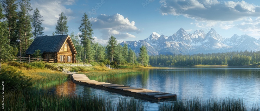 Fototapeta premium Wooden Cabin by Tranquil Lake with Mountain View
