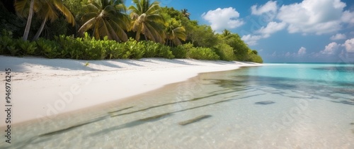 Tranquil Tropical Beach with Palm Trees and Clear Blue Water