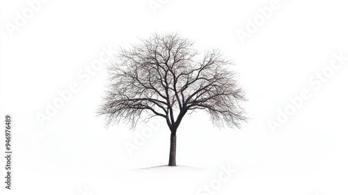 A solitary tree with bare branches, standing starkly against a white background, symbolizing isolation and resilience.