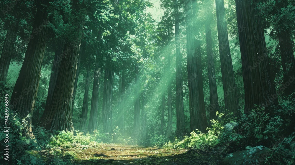 Obraz premium Sunbeams Filtering Through a Dense Redwood Forest