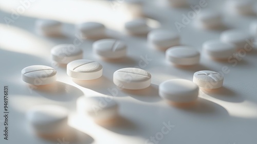 Close-up of prescription pills scattered on a white surface, symbolizing the medical and pharmaceutical aspects of drug use and health.