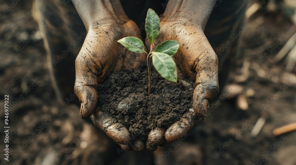 Hands covered in soil, cradling a small tree seedling, symbolizing the commitment to reforestation and ecological restoration. Hands covered in soil, cradling a small tree seedling, symbolizing the commitment to reforestation and ecological restoration.