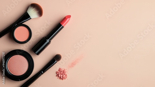 A delicate display of cosmetic products includes lipstick, makeup brushes, and powder, all arranged elegantly on a soft background. Generative AI