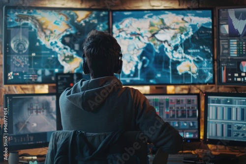 A person stands in front of multiple computer monitors with various screens displaying different data and information