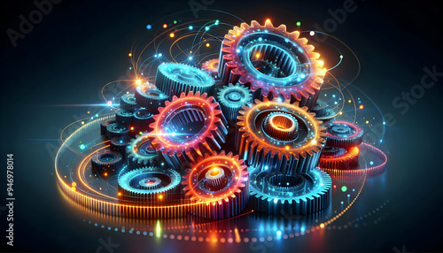 Dynamic 3D Glowing Abstract Gears Symbolizing Operational Efficiency Concept - Vibrant Lights and Precision in Business Scaling photo