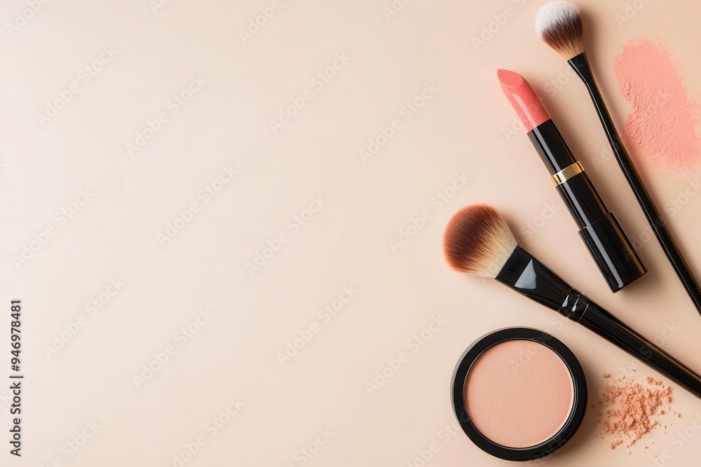 This setup features elegant cosmetic products like lipstick, makeup brushes, and powder on a soft light surface, ideal for beauty lovers. Generative AI This setup features elegant cosmetic products like lipstick, makeup brushes, and powder on a soft light surface, ideal for beauty lovers. Generative AI