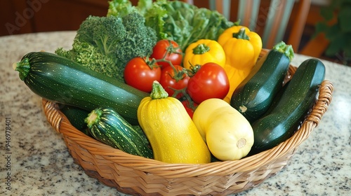 A basket filled with assorted organic vegetables, including squash, zucchini, and tomatoes, set on a kitchen countertop
