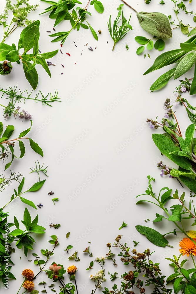 Naklejka premium Medicinal Herbs and Plants Arranged in a Circle on White Background.