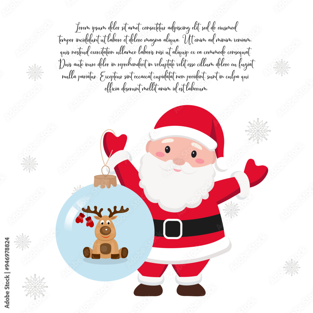 Hand drawn Cute Santa Claus holding reindeer ball Christmas greeting, invitation card with new year holidays Hand drawn Cute Santa Claus holding reindeer ball Christmas greeting, invitation card with new year holidays