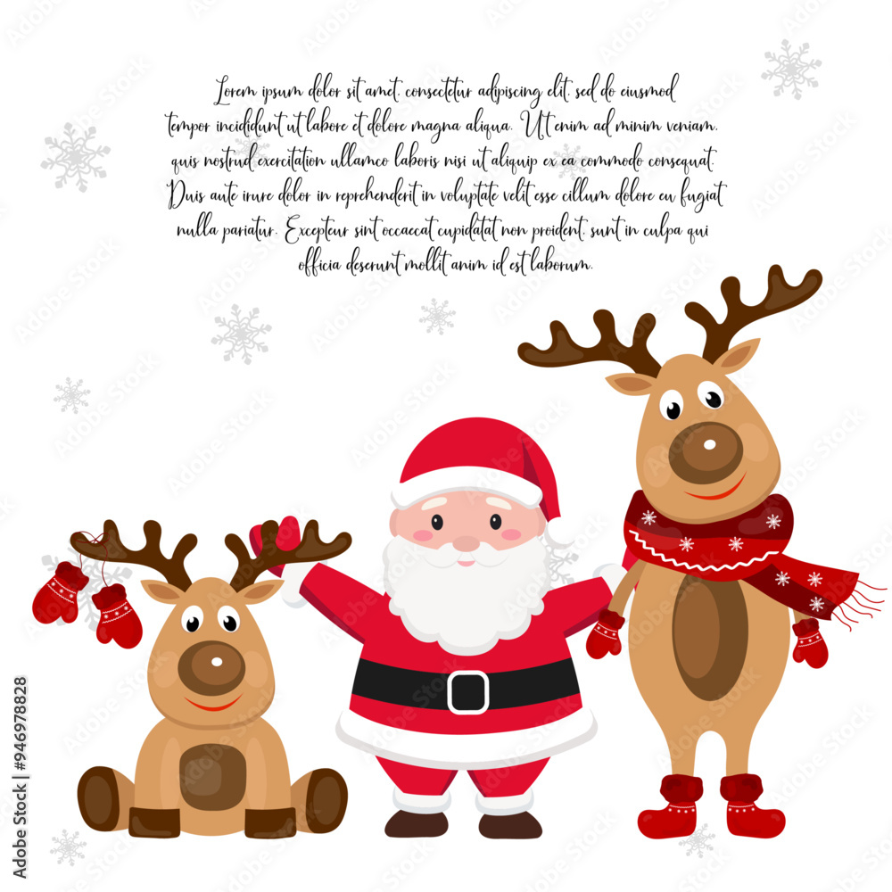 Hand drawn Cute Santa Claus and reindeers best friends Christmas greeting, invitation with new year holidays Hand drawn Cute Santa Claus and reindeers best friends Christmas greeting, invitation with new year holidays