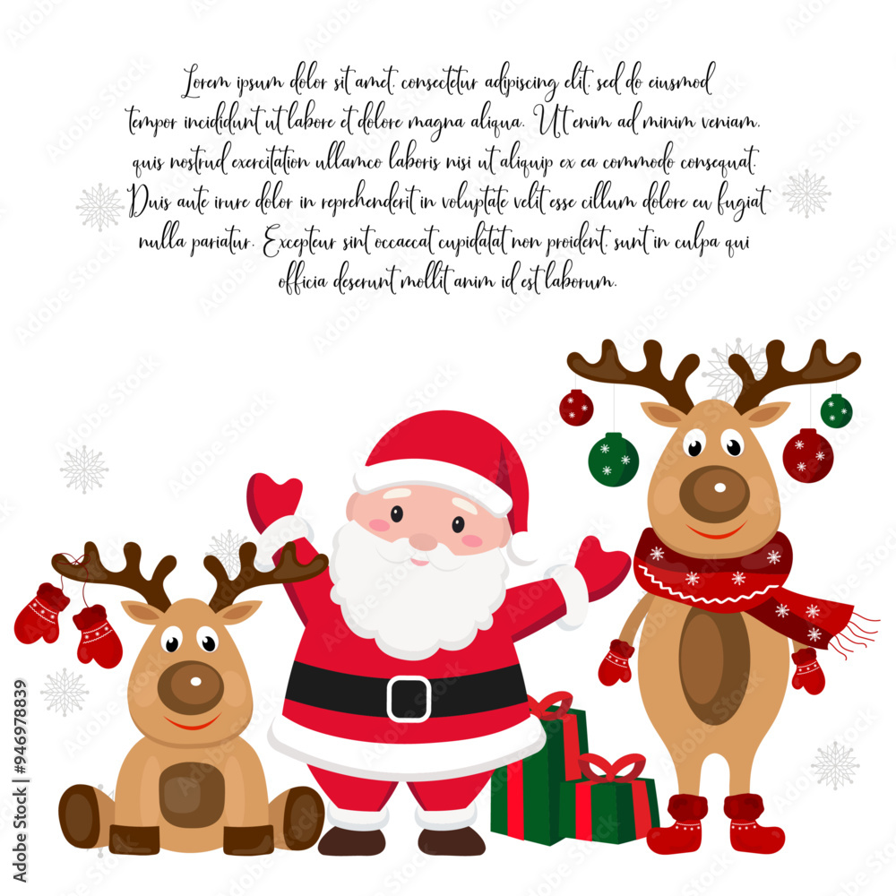Hand drawn Cute Santa Claus and reindeers best friends with gifts around Christmas greeting, invitation with new year holidays Hand drawn Cute Santa Claus and reindeers best friends with gifts around Christmas greeting, invitation with new year holidays