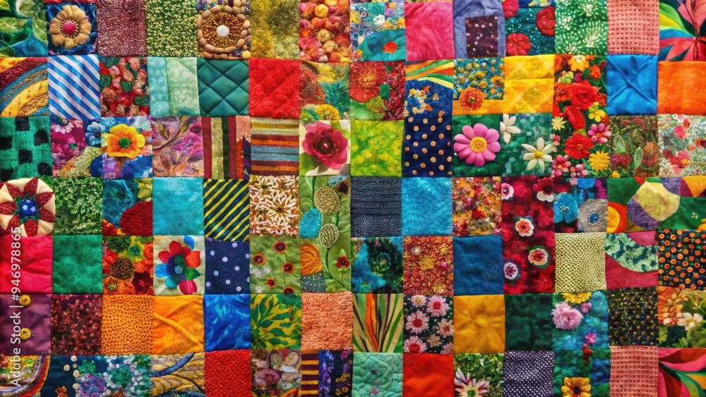 Vibrant patchwork of assorted fabric scraps in varied textures, patterns, and colors, stitched together to create a unique, eclectic, and whimsical textile artwork. Vibrant patchwork of assorted fabric scraps in varied textures, patterns, and colors, stitched together to create a unique, eclectic, and whimsical textile artwork.