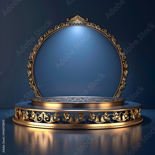 Golden Ornate Podium on Royal Blue Background - Luxurious Stage Design for High-end Events photo