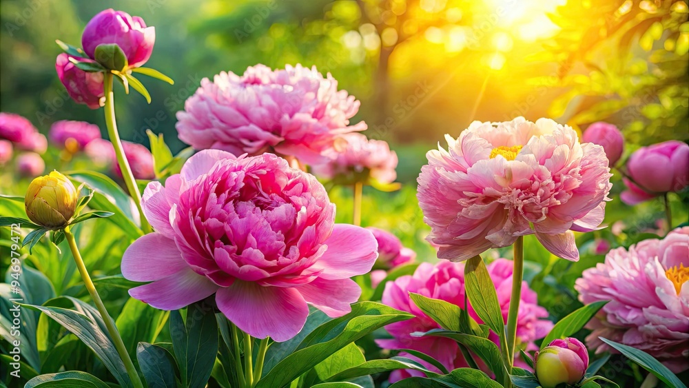 Vibrant pink peonies and delicate daffodils bloom amidst lush green foliage, creating a stunning textured backdrop of natural beauty and seasonal renewal in warm sunlight. Vibrant pink peonies and delicate daffodils bloom amidst lush green foliage, creating a stunning textured backdrop of natural beauty and seasonal renewal in warm sunlight.
