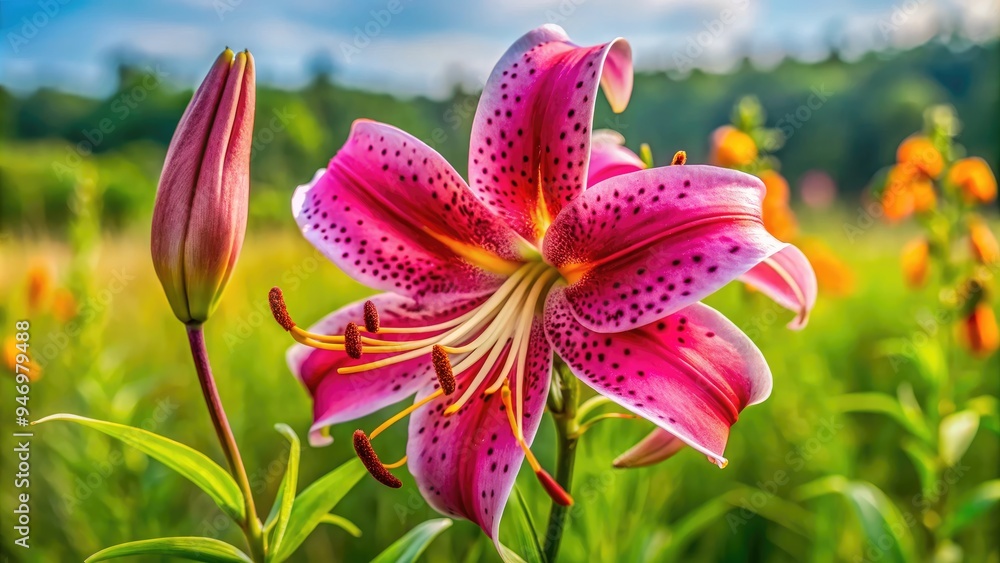 Obraz premium Vibrant pink tiger lily blooms majestically in a lush green meadow, its delicate petals and golden anthers swaying gently in the soft summer breeze.