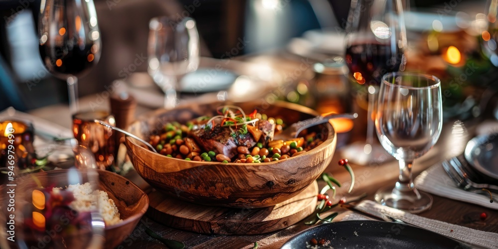 Rustic table setting with wooden bowl and spoon served with smoked pork leg and bean stew Rustic table setting with wooden bowl and spoon served with smoked pork leg and bean stew