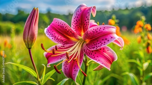 Vibrant pink tiger lily blooms majestically in a lush green meadow, its delicate petals and golden anthers swaying gently in the soft summer breeze.