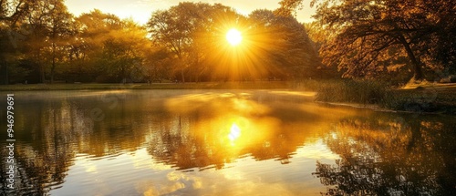 Golden Sunset Reflecting on Calm Lake Water with Trees