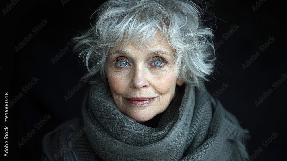 An elderly woman with strikingly vibrant blue eyes and silver hair warmly wrapped in a cozy knitted scarf, set against a dark, minimalist background