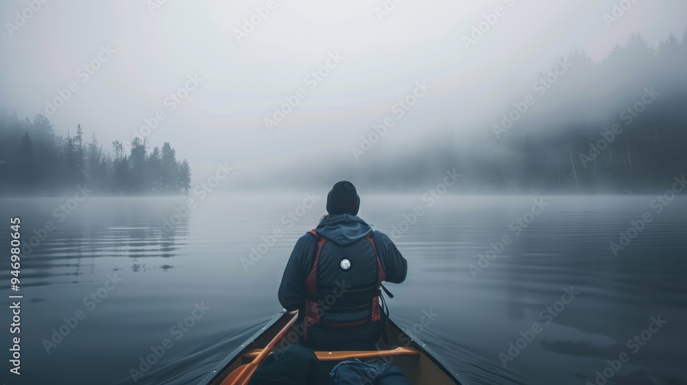 Man canoeing on misty lake enjoying peaceful morning atmosphere Man canoeing on misty lake enjoying peaceful morning atmosphere