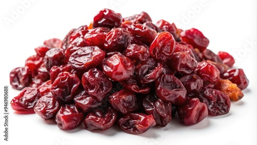 Vibrant red dried cranberries scattered on a white background, showcasing their plump and chewy texture, perfect for healthy snacking and baking applications. photo