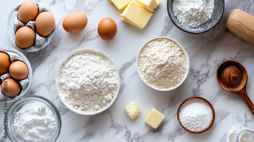Ingredients for a baking recipe, including flour, sugar, eggs, and butter, arranged neatly on a marble countertop - Ingredients for a baking recipe, including flour, sugar, eggs, and butter, arranged neatly on a marble countertop -