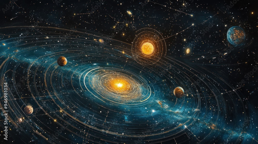 A Cosmic Tapestry of Stars and Planets with Golden Trails A Cosmic Tapestry of Stars and Planets with Golden Trails