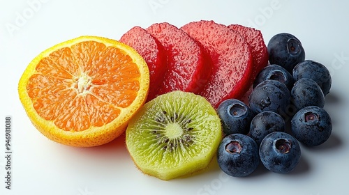 Fresh Fruit Slices and Blueberries on White Background photo