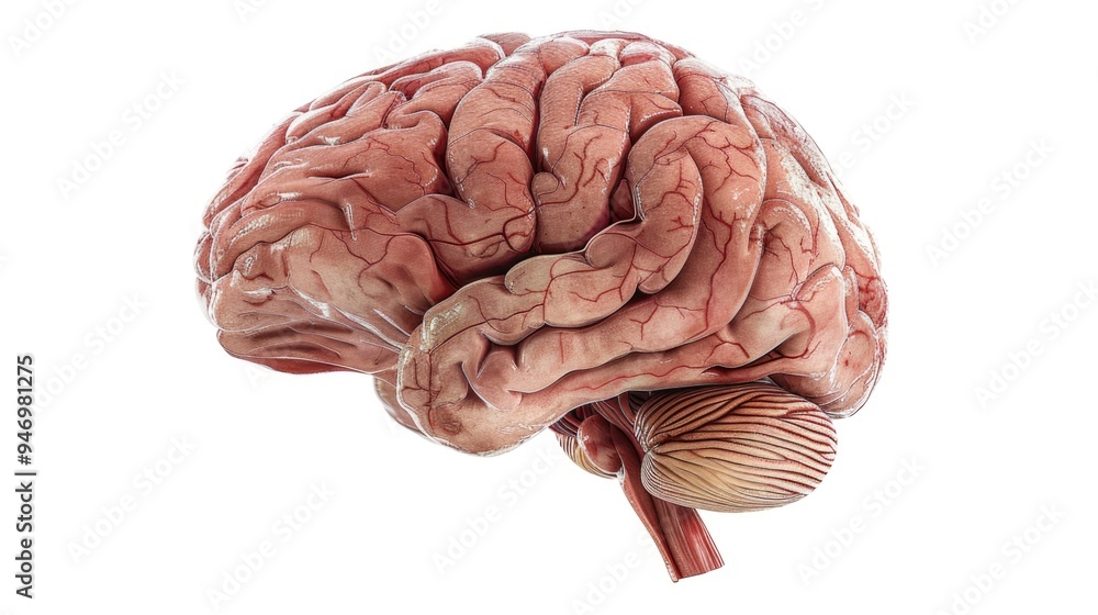 A detailed view of the human brain's structure on a white background, useful for medical and scientific illustrations A detailed view of the human brain's structure on a white background, useful for medical and scientific illustrations