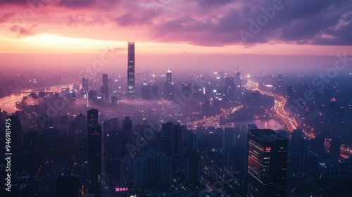 Aerial View of a City Skyline at Sunset with Fog