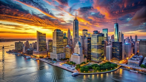 Vibrant skyscrapers and bustling streets of Lower Manhattan at sunset, iconic architecture and bright city lights reflected in Hudson River waters. photo