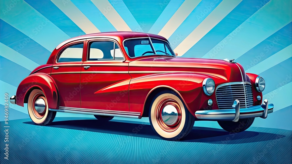 Vibrant, stylized illustration of a sleek, cherry-red vintage automobile with bold lines, graphic patterns, and a hint of nostalgia, set against a bright blue background. Vibrant, stylized illustration of a sleek, cherry-red vintage automobile with bold lines, graphic patterns, and a hint of nostalgia, set against a bright blue background.