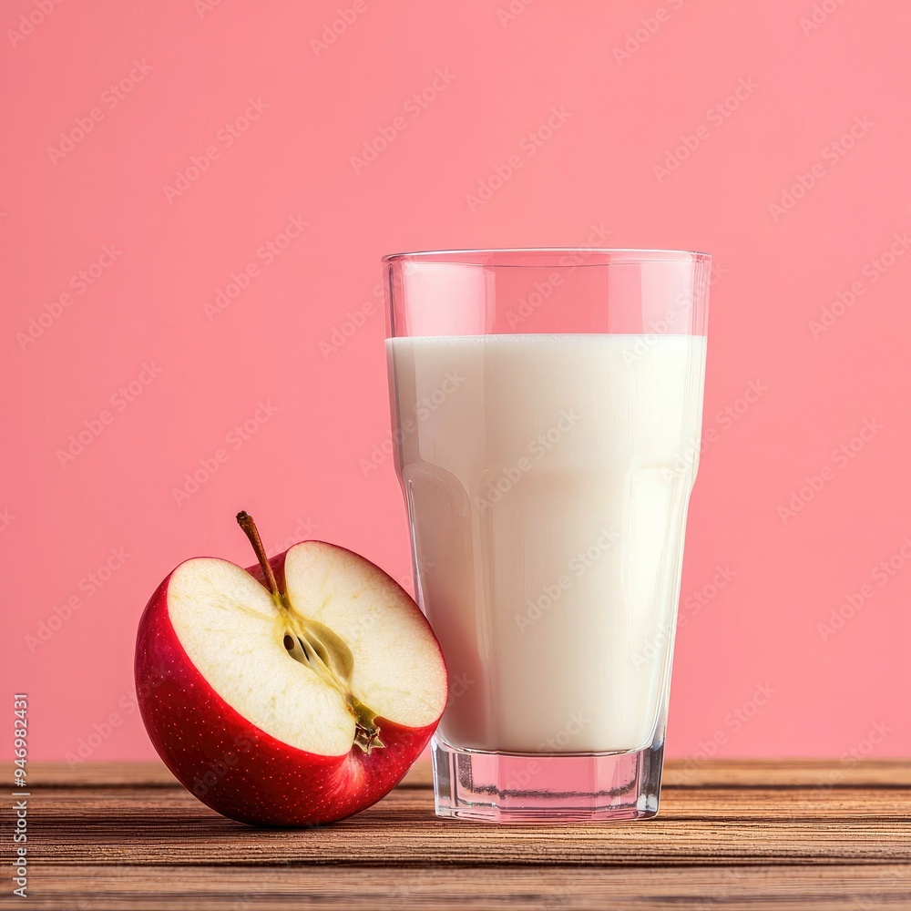 Glass of Milk and Half an Apple on a Wooden Table