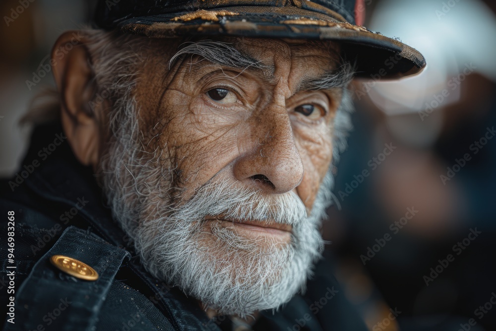 Portrait of an elderly man with a weathered face and a white beard, wearing a dark jacket with gold buttons and a cap, looking intently at the camera in a blurred background setting Portrait of an elderly man with a weathered face and a white beard, wearing a dark jacket with gold buttons and a cap, looking intently at the camera in a blurred background setting